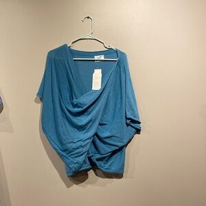 Mobius Twist Front Sweater Womens Boho Artsy Teal Short Sleeve Poncho Soft Layer